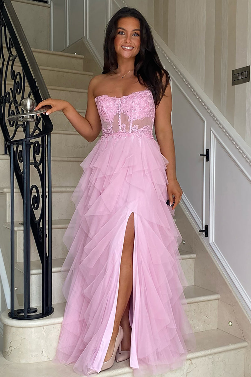 Laden Sie das Bild in den Galerie-Viewer, Schwarz A Linie Korsett Trägerlos Gestreift Lange Abendkleid mit Schlitz