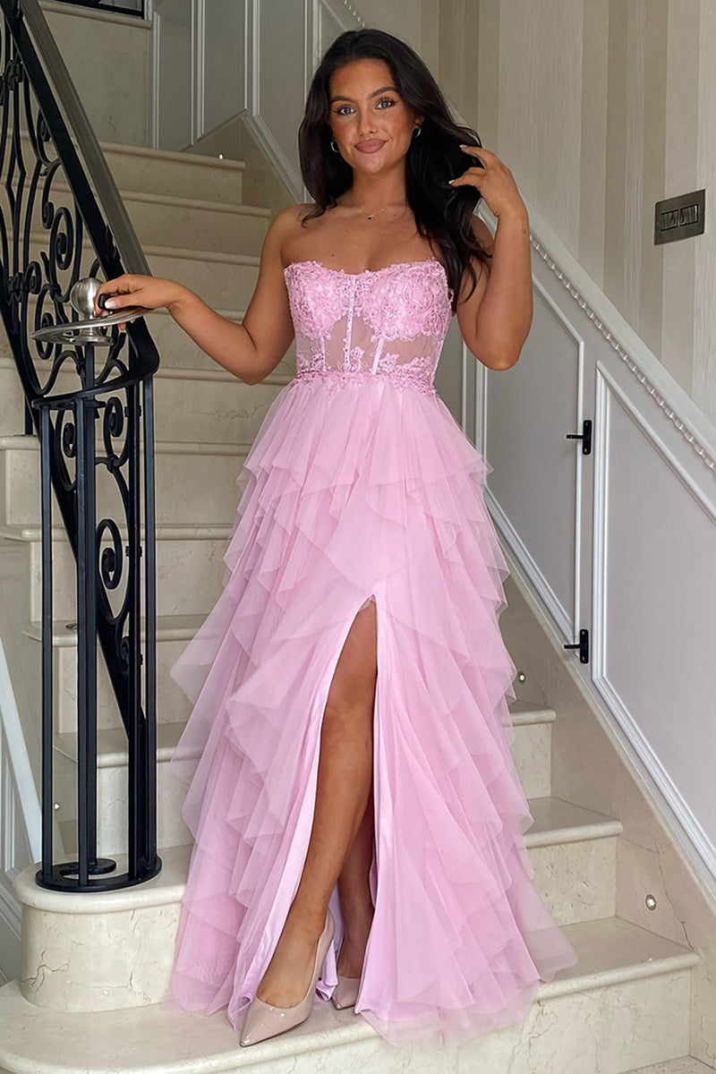 Laden Sie das Bild in den Galerie-Viewer, Schwarz A Linie Korsett Trägerlos Gestreift Lange Abendkleid mit Schlitz