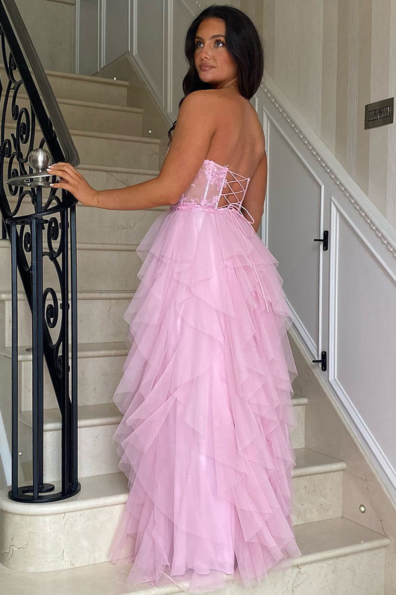 Laden Sie das Bild in den Galerie-Viewer, Schwarz A Linie Korsett Trägerlos Gestreift Lange Abendkleid mit Schlitz