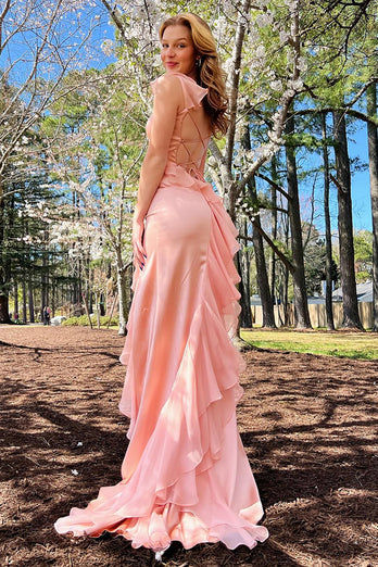 Erröten Meerjungfrau Geraffte Spaghettiträger Lange Abendkleid mit Schlitz