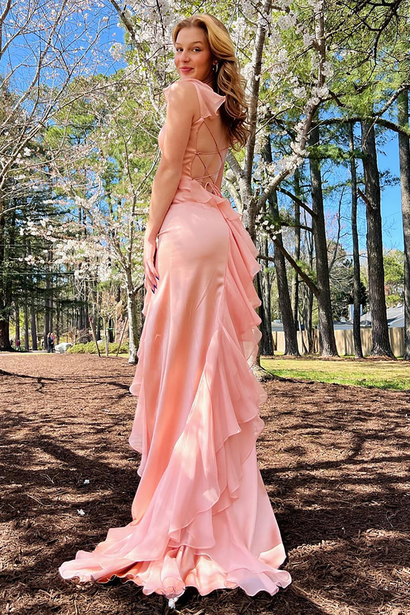Laden Sie das Bild in den Galerie-Viewer, Erröten Meerjungfrau Geraffte Spaghettiträger Lange Abendkleid mit Schlitz