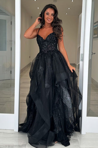 Glitzer Schwarzes Korsett Spaghettiträger Lange Abendkleid