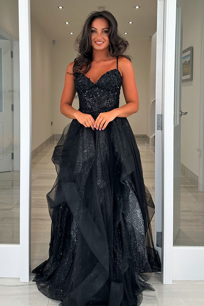 Laden Sie das Bild in den Galerie-Viewer, Glitzer Schwarzes Korsett Spaghettiträger Lange Abendkleid