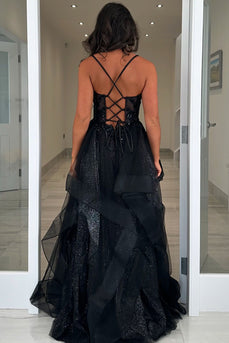 Glitzer Schwarzes Korsett Spaghettiträger Lange Abendkleid