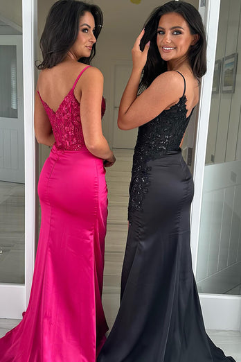 Glitzer Fuchsie Meerjungfrau Korsett Spitze Lange Abendkleid mit Schlitz