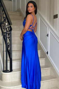 Glitzer Königsblau Korsett Meerjungfrau Lange Abendkleid mit Schlitz
