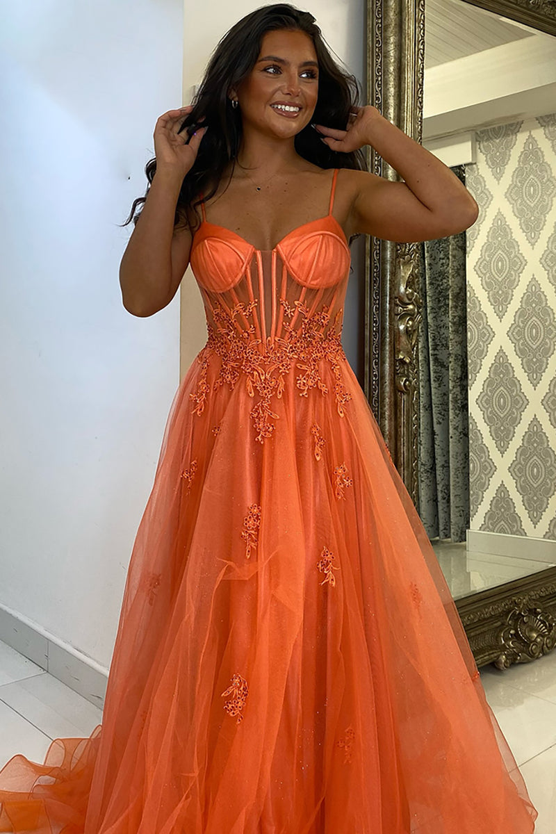 Laden Sie das Bild in den Galerie-Viewer, Orange A Linie Korsett Spaghettiträger Lange Tüll Abendkleid