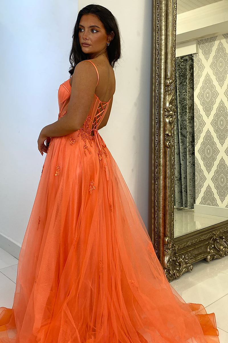 Laden Sie das Bild in den Galerie-Viewer, Orange A Linie Korsett Spaghettiträger Lange Tüll Abendkleid