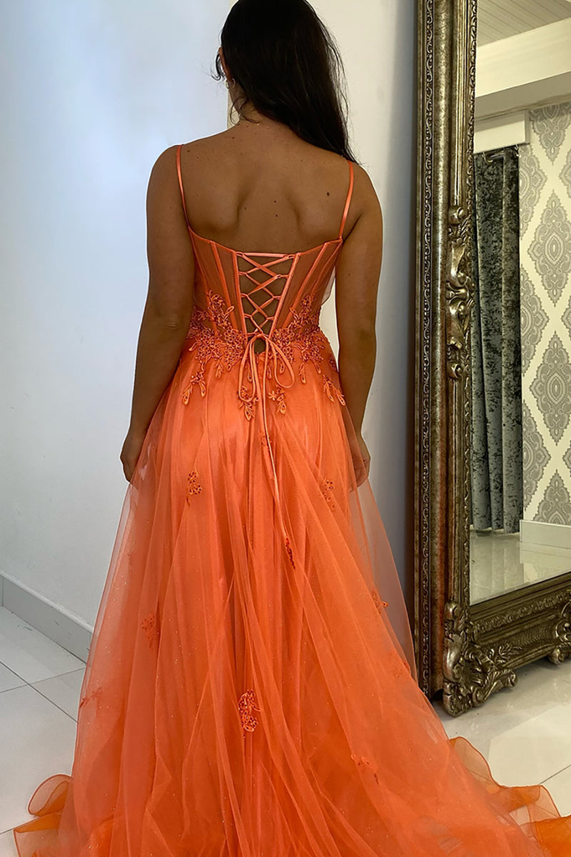 Laden Sie das Bild in den Galerie-Viewer, Orange A Linie Korsett Spaghettiträger Lange Tüll Abendkleid