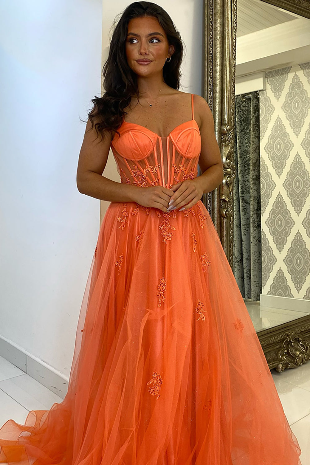 Orange A Linie Korsett Spaghettiträger Lange Tüll Abendkleid