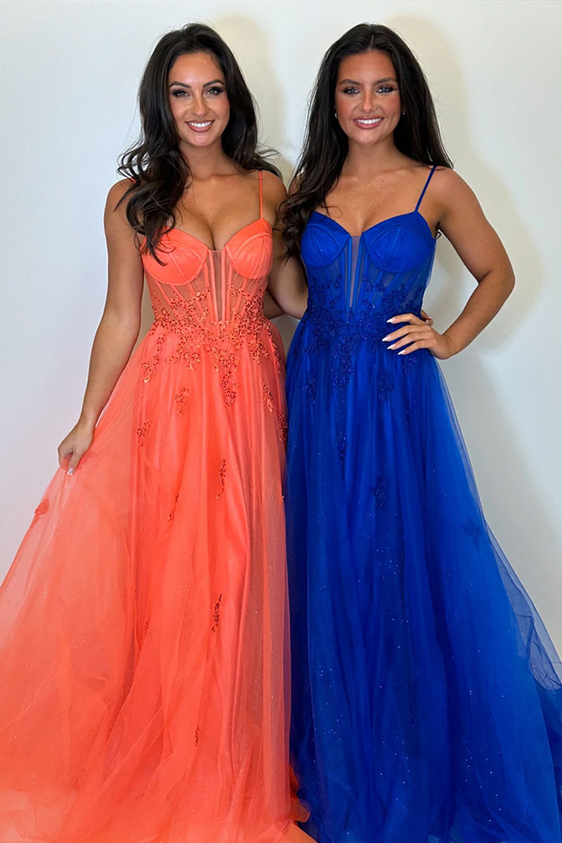 Laden Sie das Bild in den Galerie-Viewer, Orange A Linie Korsett Spaghettiträger Lange Tüll Abendkleid