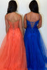 Laden Sie das Bild in den Galerie-Viewer, Orange A Linie Korsett Spaghettiträger Lange Tüll Abendkleid