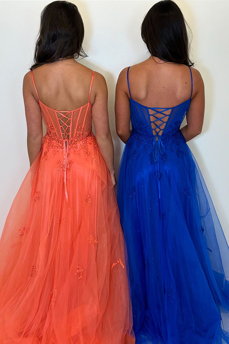 Laden Sie das Bild in den Galerie-Viewer, Orange A Linie Korsett Spaghettiträger Lange Tüll Abendkleid