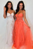 Laden Sie das Bild in den Galerie-Viewer, Orange A Linie Korsett Spaghettiträger Lange Tüll Abendkleid