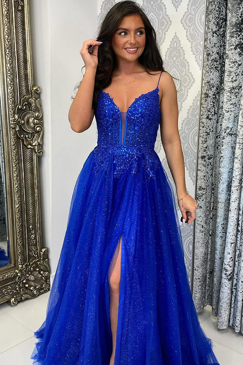 Laden Sie das Bild in den Galerie-Viewer, Glitzer Königsblau A Linie Korsett Spaghettiträger Lange Abendkleid