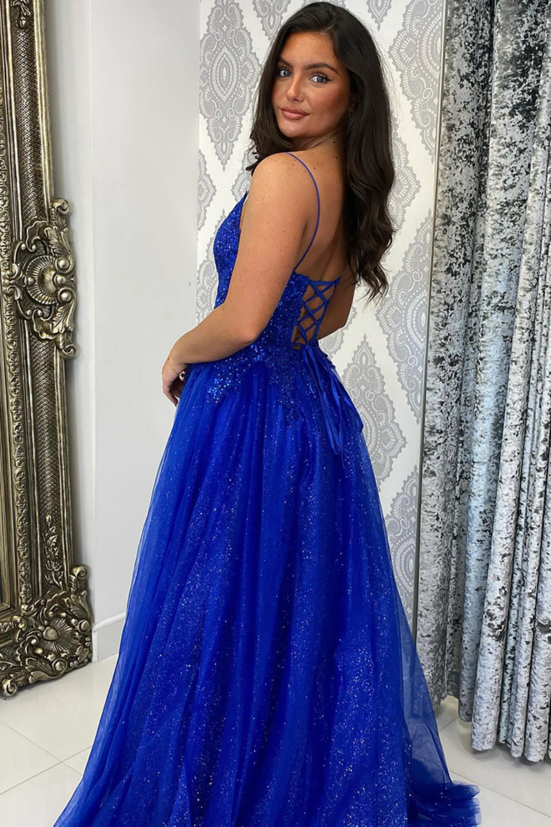 Laden Sie das Bild in den Galerie-Viewer, Glitzer Königsblau A Linie Korsett Spaghettiträger Lange Abendkleid