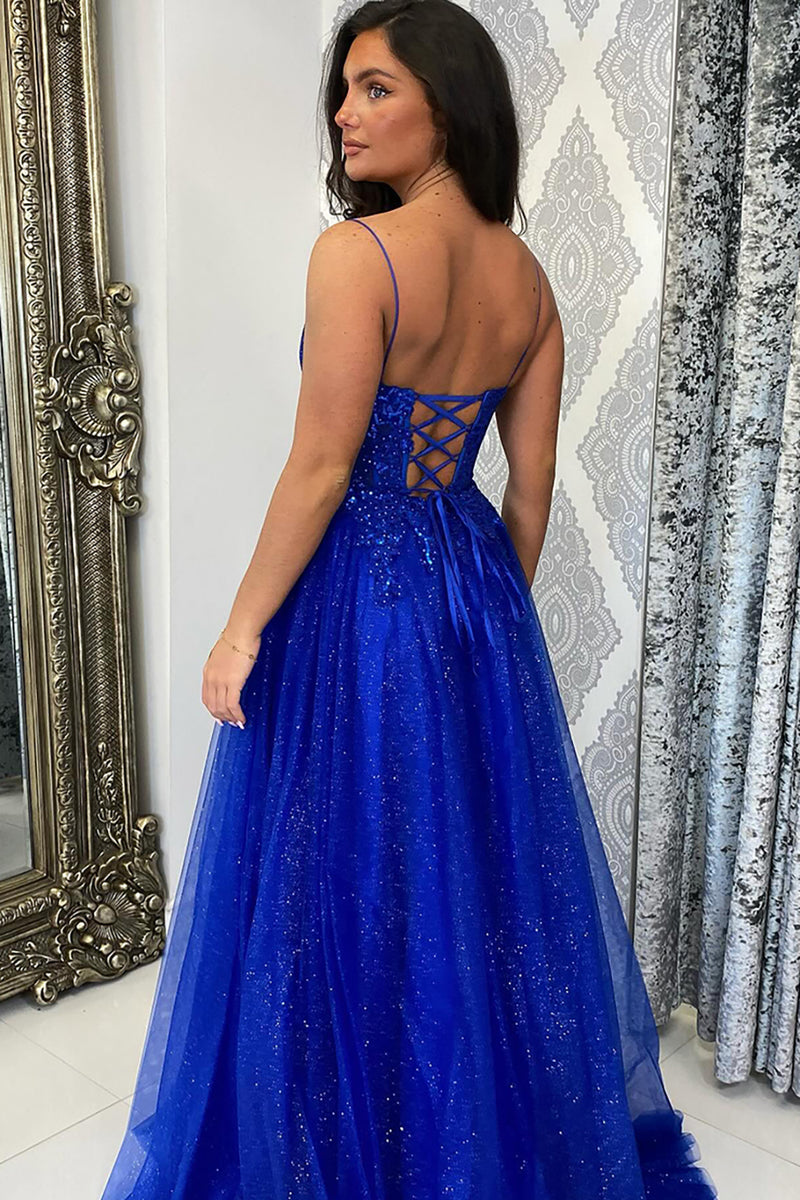 Laden Sie das Bild in den Galerie-Viewer, Glitzer Königsblau A Linie Korsett Spaghettiträger Lange Abendkleid