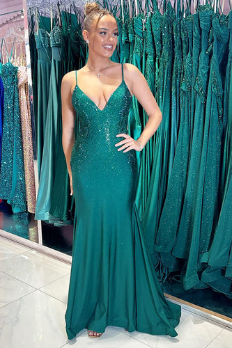 Glitzer Dunkelgrün Perlen Meerjungfrau Lange Abendkleid