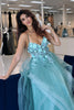 Laden Sie das Bild in den Galerie-Viewer, Blau A Linie Korsett Gestaffelt Spaghettiträger Lange Abendkleid mit 3D Blumen
