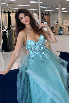 Blau A Linie Korsett Gestaffelt Spaghettiträger Lange Abendkleid mit 3D Blumen