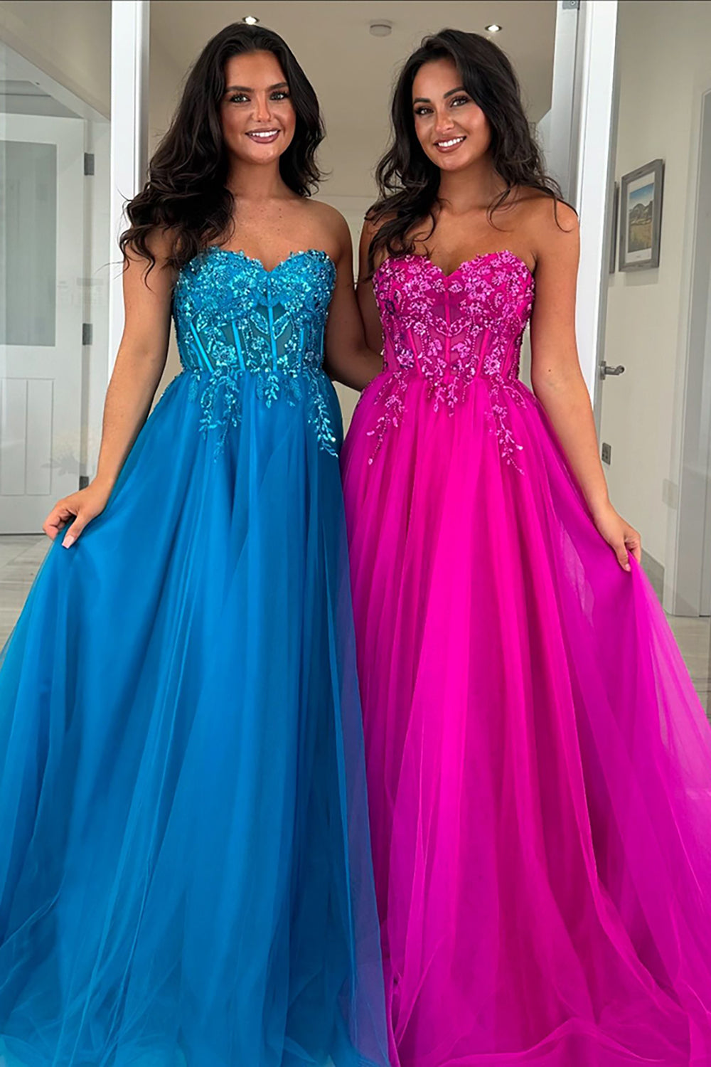 Glitzer Fuchsie Korsett Trägerlos Lange Abendkleid mit Blumen