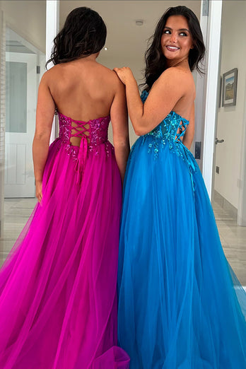 Glitzer Fuchsie Korsett Trägerlos Lange Abendkleid mit Blumen