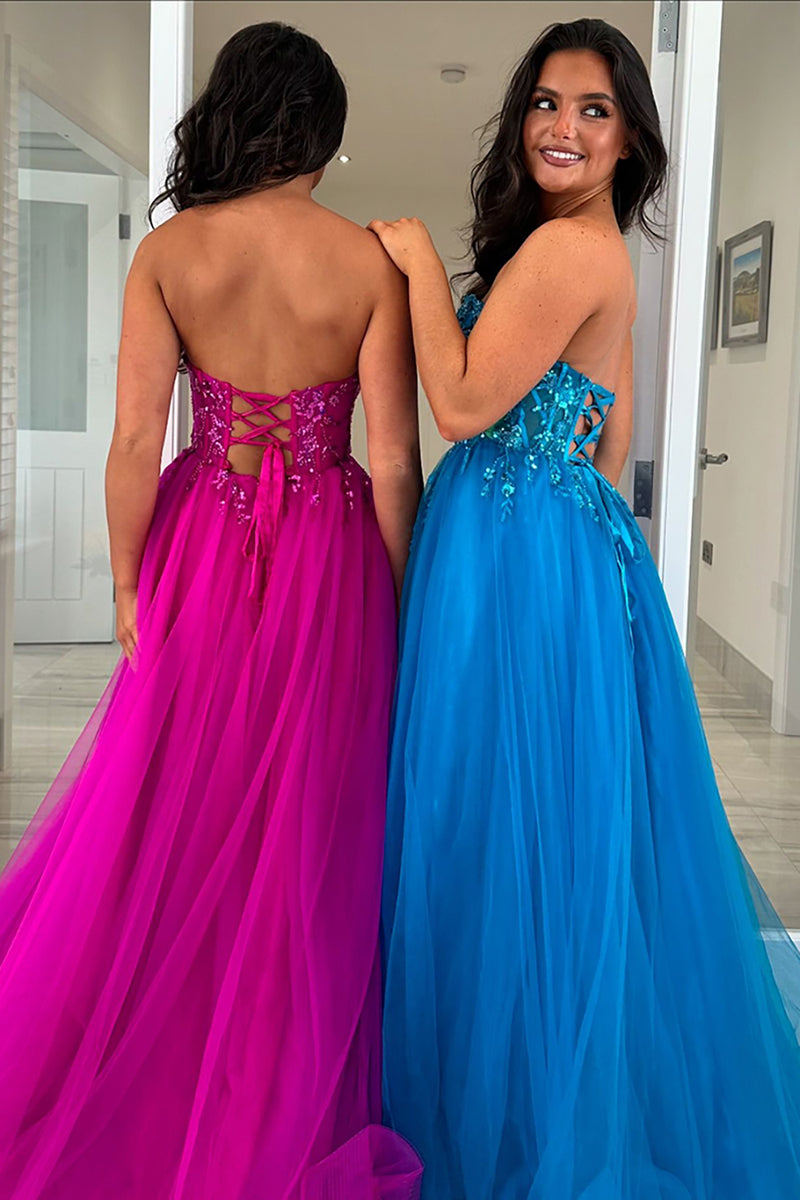 Laden Sie das Bild in den Galerie-Viewer, Glitzer Fuchsie Korsett Trägerlos Lange Abendkleid mit Blumen
