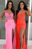 Laden Sie das Bild in den Galerie-Viewer, Glitzer Rosa Perlen Korsett Spaghettiträger Lange Abendkleid mit Schlitz