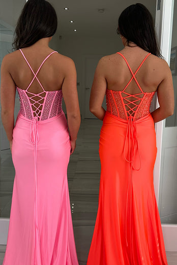Glitzer Rosa Perlen Korsett Spaghettiträger Lange Abendkleid mit Schlitz
