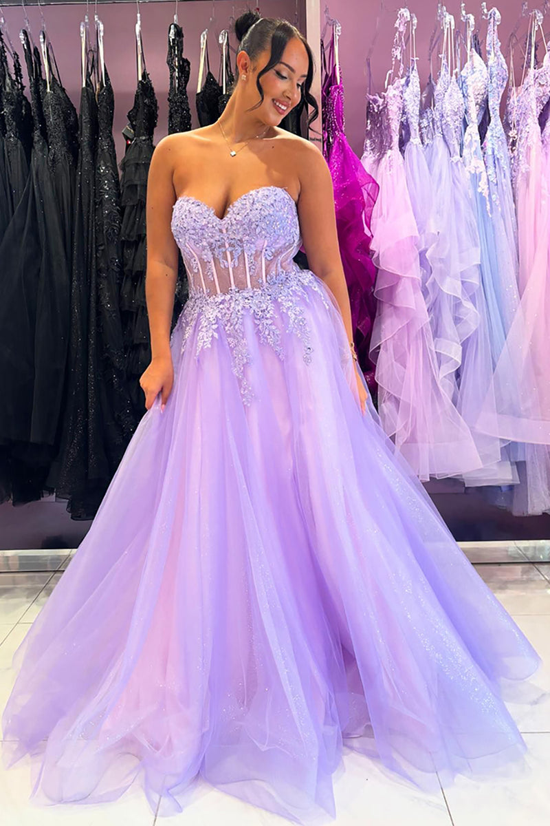Laden Sie das Bild in den Galerie-Viewer, Blumen Lila Korsett Trägerlos Lange Abendkleid mint Schlitz