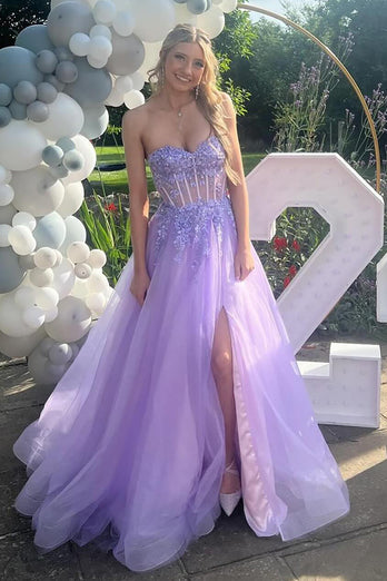 Blumen Lila Korsett Trägerlos Lange Abendkleid mint Schlitz