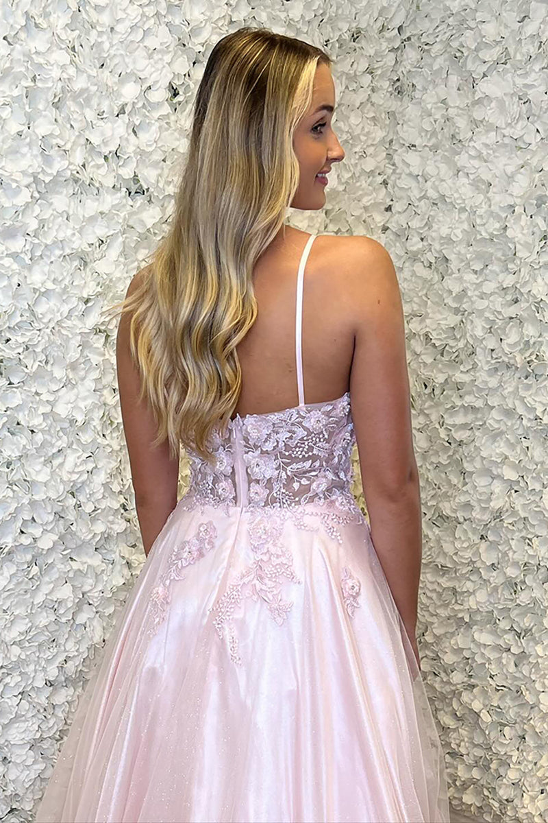 Laden Sie das Bild in den Galerie-Viewer, Glitzer Rosa Blumen A-Linie Perlen Lange Abendkleid