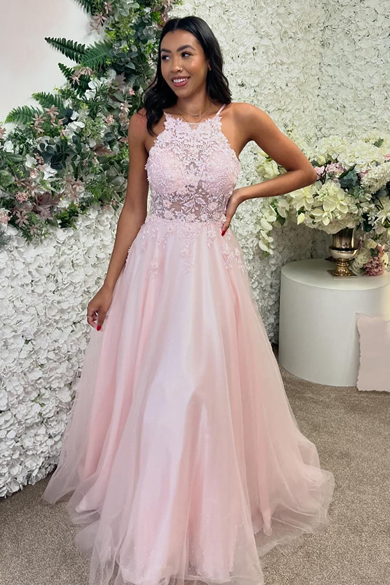 Laden Sie das Bild in den Galerie-Viewer, Glitzer Rosa Blumen A-Linie Perlen Lange Abendkleid