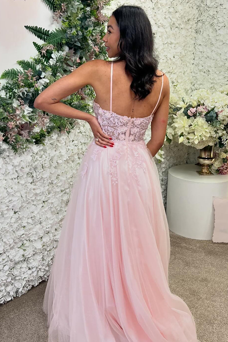 Laden Sie das Bild in den Galerie-Viewer, Glitzer Rosa Blumen A-Linie Perlen Lange Abendkleid