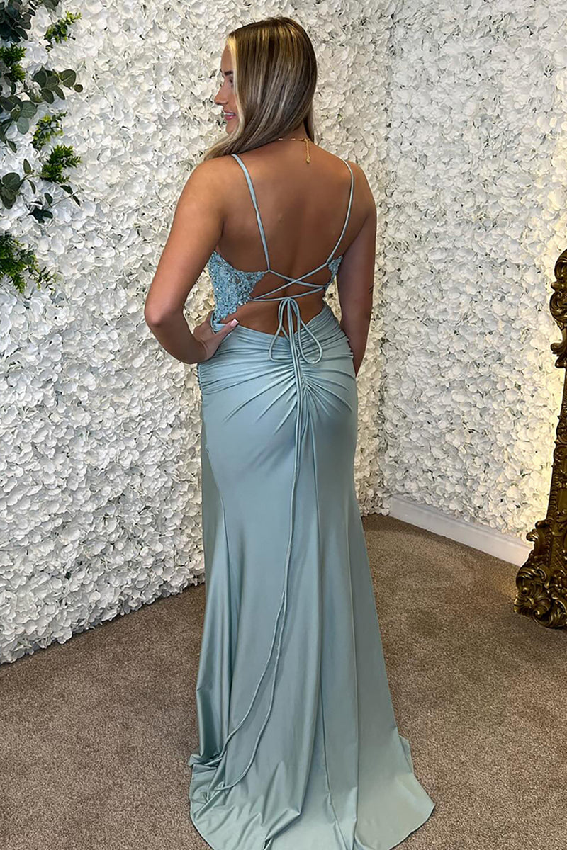 Laden Sie das Bild in den Galerie-Viewer, Blumen Himmelblau Korsett Appliziert Lange Abendkleid mit Schlitz