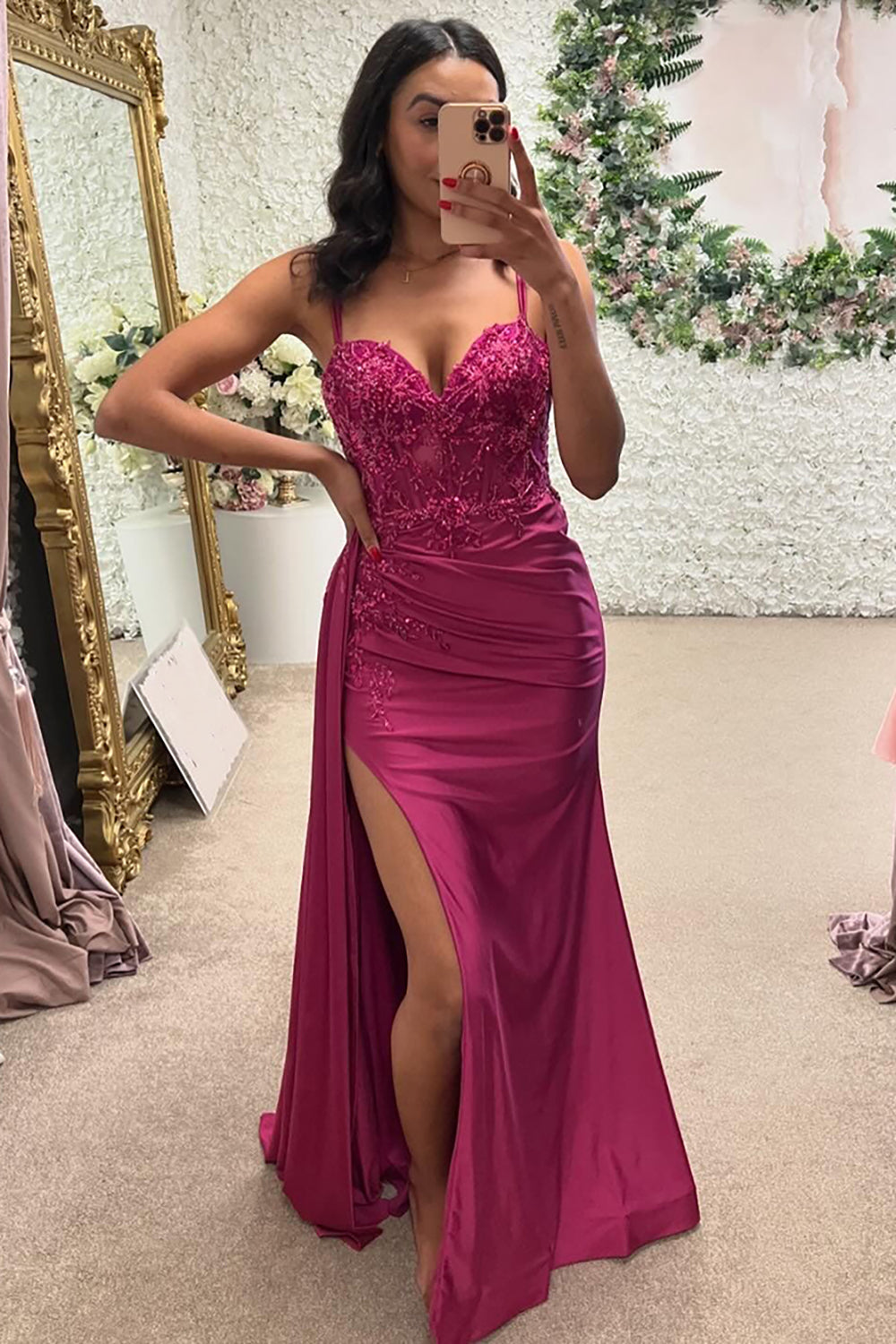 Glitzer Fuchsie Korsett Spaghettiträger Lange Abendkleid mit Spitze