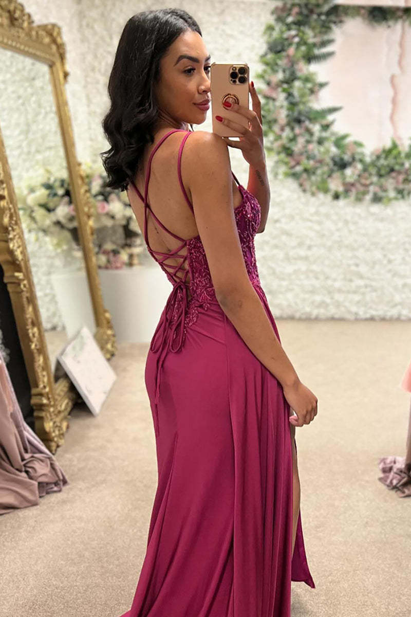 Laden Sie das Bild in den Galerie-Viewer, Glitzer Fuchsie Korsett Spaghettiträger Lange Abendkleid mit Spitze
