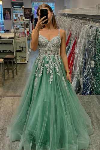 Glitzer Salbei A Linie Spaghettiträger Lange Abendkleid mit Applikationen