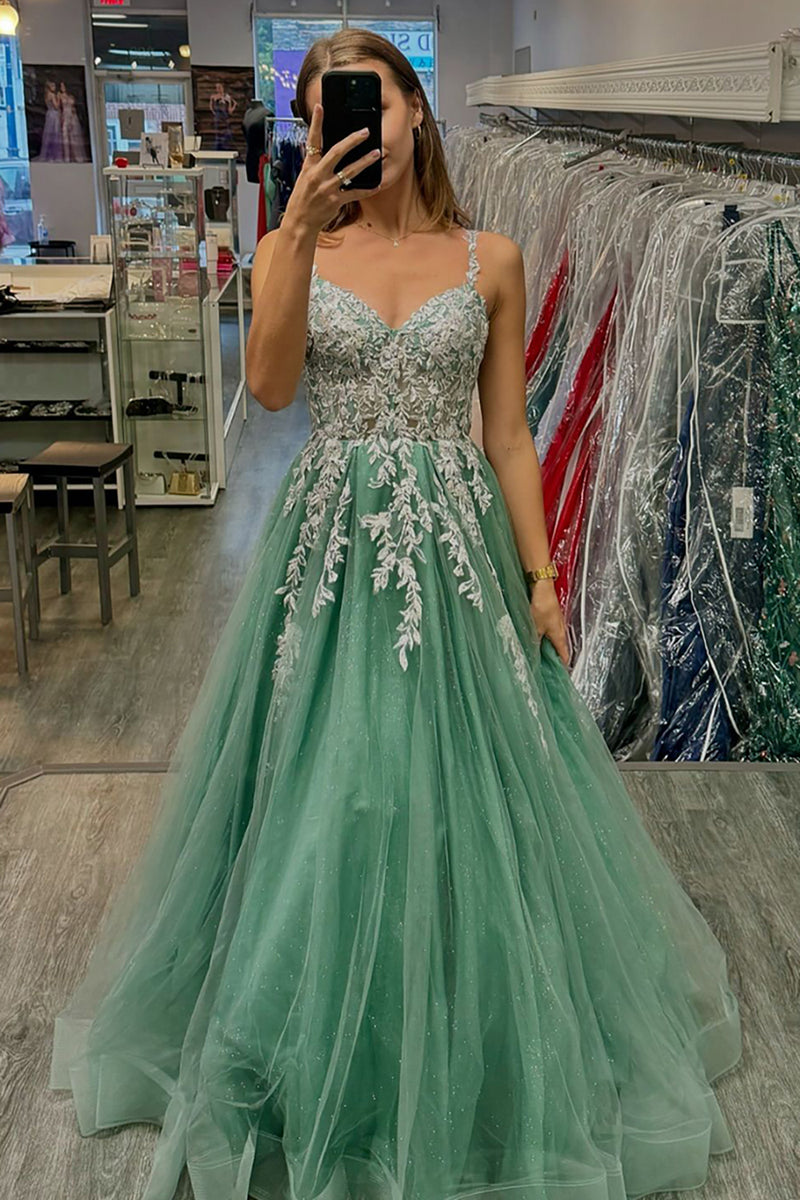 Laden Sie das Bild in den Galerie-Viewer, Glitzer Salbei A Linie Spaghettiträger Lange Abendkleid mit Applikationen