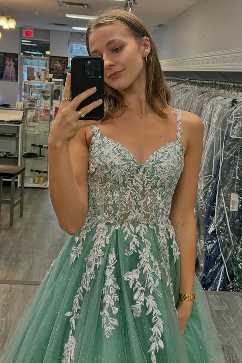 Laden Sie das Bild in den Galerie-Viewer, Glitzer Salbei A Linie Spaghettiträger Lange Abendkleid mit Applikationen