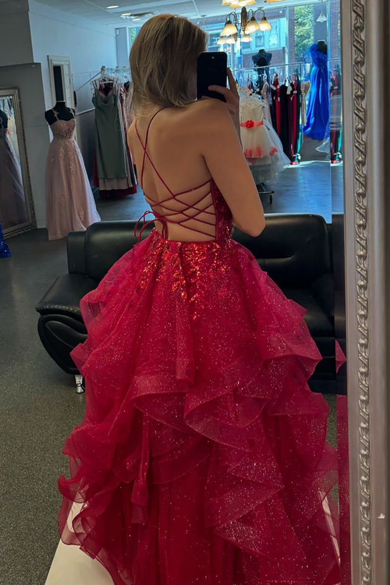 Laden Sie das Bild in den Galerie-Viewer, Glitzer Fuchsie A Linie Rückenfrei Lange Abendkleid mit Pailletten