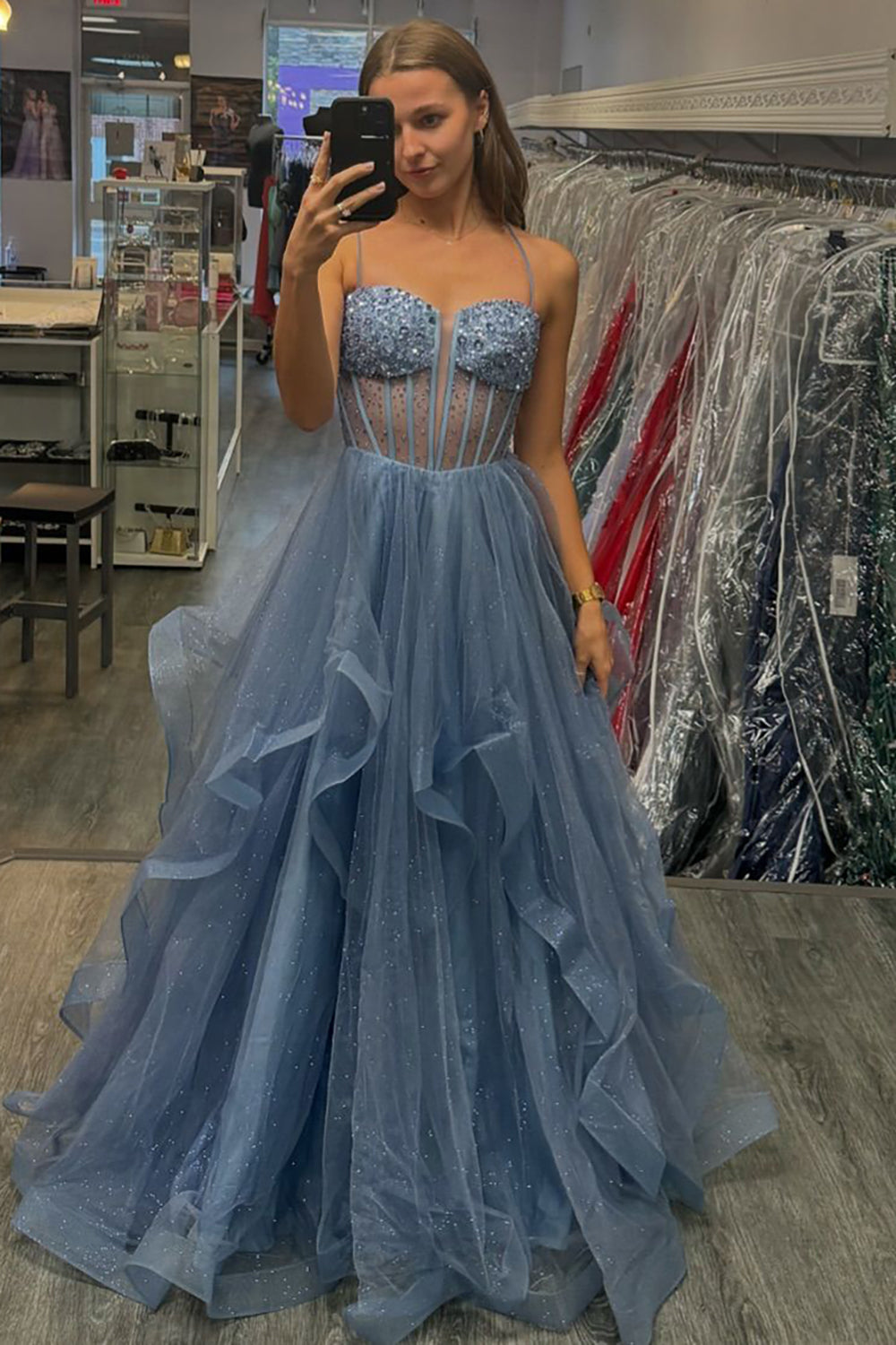 Glitzer Grau Blau Korsett Gestreift Lange Abendkleid mit Perlen