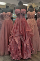 Laden Sie das Bild in den Galerie-Viewer, Glitzer Grau Blau Korsett Gestreift Lange Abendkleid mit Perlen