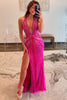 Laden Sie das Bild in den Galerie-Viewer, Glitzer Rosa Tiefer V-Ausschnitt Langes Abendkleid mit Perlen