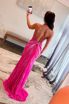 Glitzer Rosa Tiefer V-Ausschnitt Langes Abendkleid mit Perlen