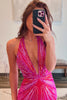 Laden Sie das Bild in den Galerie-Viewer, Glitzer Rosa Tiefer V-Ausschnitt Langes Abendkleid mit Perlen