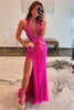 Laden Sie das Bild in den Galerie-Viewer, Glitzer Rosa Tiefer V-Ausschnitt Langes Abendkleid mit Perlen