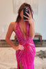 Laden Sie das Bild in den Galerie-Viewer, Glitzer Rosa Tiefer V-Ausschnitt Langes Abendkleid mit Perlen