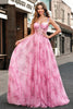 Laden Sie das Bild in den Galerie-Viewer, Rosa A Line Spaghettiträger Korsett Langes Ballkleid mit Bedrucktes