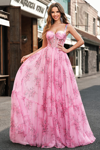 Rosa A Line Spaghettiträger Korsett Langes Ballkleid mit Bedrucktes
